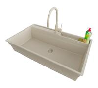 PRIMAGRAN Evier Cuisine en Granit Beige 88x53cm, Lavabo 1 bac + Kit de Vidage, Évier à Encastrer al mueble 90cm - Oslo Pocket