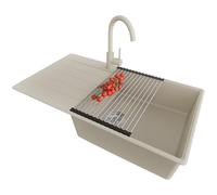 PRIMAGRAN Evier Cuisine en Granit Beige 90x50cm, Lavabo 1 bac + Robinet 32x20cm + Set d’accessoires, Évier à Encastrer au Meuble 60cm - Copenhague Top S702