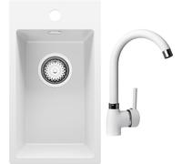 PRIMAGRAN Evier Cuisine en Granit Blanc 28x50cm, Lavabo 1 bac + Robinet 32x20cm + Kit de Vidage, Évier à Encastrer al mueble 30cm - Riga S062
