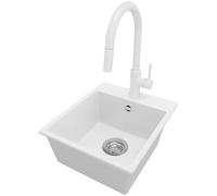 PRIMAGRAN Evier Cuisine en Granit Blanc 38x44cm, Lavabo 1 bac + Kit de Vidage + Robinet 40x20cm, Évier à Encastrer au meuble 40cm - Riga Easy
