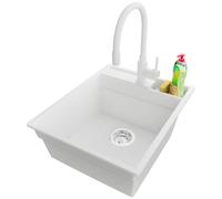 PRIMAGRAN Evier Cuisine en Granit Blanc 43x53cm, Lavabo 1 bac + Kit de Vidage, Évier à Encastrer al mueble 45cm - Oslo Pocket