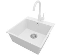 PRIMAGRAN Evier Cuisine en Granit Blanc 48x50cm, Lavabo 1 bac + Robinet 32x20cm + Kit de Vidage, Évier à Encastrer au Meuble 50cm - Riga S227