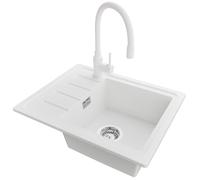 PRIMAGRAN Evier Cuisine en Granit Blanc 55x44cm, Lavabo 1 bac + Robinet 38x14cm + Kit de Vidage, Évier à Encastrer al mueble 45cm - Copenhague Easy