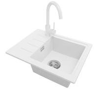 PRIMAGRAN Evier Cuisine en Granit Blanc 55x44cm, Lavabo 1 bac + Robinet 32x20cm + Kit de Vidage, Évier à Encastrer al mueble 45cm - Copenhague Easy