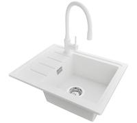 PRIMAGRAN Evier Cuisine en Granit Blanc 55x44cm, Lavabo 1 bac + Robinet 38x14cm + Kit de Vidage, Évier à Encastrer al mueble 45cm - Copenhague Easy