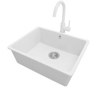 PRIMAGRAN Evier Cuisine en Granit Blanc 56x44cm, Lavabo 1 bac + Robinet 32x20cm + Kit de Vidage, Évier à Encastrer al mueble 60cm - Venise Slim Easy S047