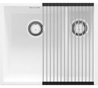 PRIMAGRAN Evier Cuisine en Granit Blanc 56x47cm, Lavabo 1,5 bacs + Kit de Vidage + Égouttoir Enroulable, Évier à Encastrer al mueble 60cm - London Slim Duo S036