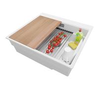 PRIMAGRAN Evier Cuisine en Granit Blanc 58x53cm, Lavabo 1 bac + Kit de Vidage + Accessoires, Évier à Encastrer au meuble 60cm - Oslo Max