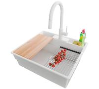 PRIMAGRAN Evier Cuisine en Granit Blanc 58x53cm, Lavabo 1 bac + Robinet 40x20cm + Kit de Vidage, Évier à Encastrer au Meuble 60cm - New York S046