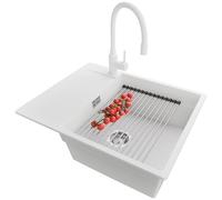 PRIMAGRAN Evier Cuisine en Granit Blanc 62x50cm, Lavabo 1 bac + Kit de Vidage + Égouttoir Enroulable, Évier à Encastrer al mueble 50cm - San Francisco