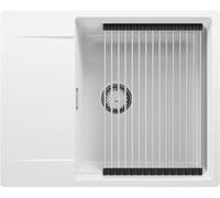 PRIMAGRAN Evier Cuisine en Granit Blanc 62x50cm, Lavabo 1 bac + Kit de Vidage + Égouttoir Enroulable, Évier à Encastrer al mueble 50cm - San Francisco S068