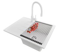 PRIMAGRAN Evier Cuisine en Granit Blanc 62x50cm, Lavabo 1 bac + Robinet 38x14cm + Set d’accessoires, Évier à Encastrer au Meuble 40cm - Milan S039