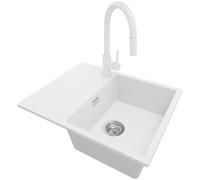 PRIMAGRAN Evier Cuisine en Granit Blanc 62x50cm, Lavabo 1 bac + Robinet 40x20cm + Kit de Vidage, Évier à Encastrer al mueble 45cm - Ibiza