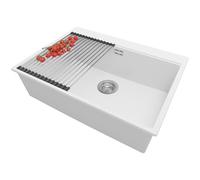 PRIMAGRAN Evier Cuisine en Granit Blanc 68x50cm, Lavabo 1 bac + Kit de Vidage + Égouttoir Enroulable, Évier à Encastrer al mueble 70cm - Oslo S200