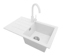 PRIMAGRAN, Evier Cuisine en Granit Blanc 70x44cm, Kit de Vidage, Accessoires, Évier à Encastrer au meuble 45cm, Lavabo 1 bac Q8164-S
