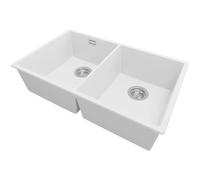 PRIMAGRAN Evier Cuisine en Granit Blanc 76x47cm, Lavabo 2 bacs + Kit de Vidage, Évier à Encastrer al mueble 80cm - London Slim Twin S002