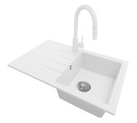 PRIMAGRAN, Evier Cuisine en Granit Blanc 78x50cm, Kit de Vidage, Accessoires, Évier à Encastrer au meuble 45cm, Lavabo 1 bac Q9495-Q