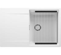 PRIMAGRAN Evier Cuisine en Granit Blanc 78x50cm, Lavabo 1 bac + Kit de Vidage + Égouttoir Enroulable, Évier à Encastrer al mueble 50cm - San Francisco S020