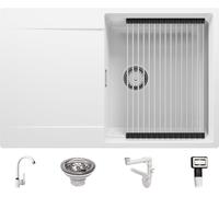 PRIMAGRAN Evier Cuisine en Granit Blanc 78x50cm, Lavabo 1 bac + Kit de Vidage + Égouttoir Enroulable, Évier à Encastrer al mueble 50cm - San Francisco S026