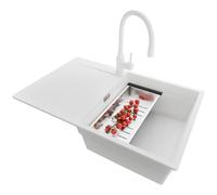 PRIMAGRAN Evier Cuisine en Granit Blanc 78x50cm, Lavabo 1 bac + Kit de Vidage, Évier à Encastrer al mueble 50cm - San Francisco