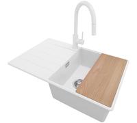 PRIMAGRAN Evier Cuisine en Granit Blanc 78x50cm, Lavabo 1 bac + Kit de Vidage + Robinet 40x22cm + Planche à Découper, Évier à Encastrer au meuble 50cm - Copenhague