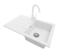 PRIMAGRAN Evier Cuisine en Granit Blanc 78x50cm, Lavabo 1 bac + Robinet 32x20cm + Kit de Vidage, Évier à Encastrer al mueble 45cm - Milan