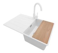 PRIMAGRAN Evier Cuisine en Granit Blanc 78x50cm, Lavabo 1 bac + Robinet 32x20cm + Set d’accessoires, Évier à Encastrer au Meuble 45cm - Copenhague Top S351