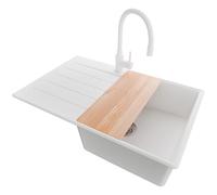 PRIMAGRAN Evier Cuisine en Granit Blanc 78x50cm, Lavabo 1 bac + Robinet 38x14cm + Set d’accessoires, Évier à Encastrer au Meuble 50cm - Copenhague Top S555