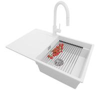 PRIMAGRAN Evier Cuisine en Granit Blanc 78x50cm, Lavabo 1 bac + Robinet 40x20cm + Set d’accessoires, Évier à Encastrer al mueble 50cm - San Francisco