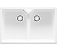 PRIMAGRAN Evier Cuisine en Granit Blanc 78x50cm, Lavabo 2 bacs + Kit de Vidage, Évier à Encastrer au Meuble 80cm - Madrid Twin S002