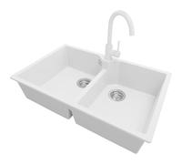 PRIMAGRAN Evier Cuisine en Granit Blanc 78x50cm, Lavabo 2 bacs + Robinet 32x20cm + Kit de Vidage, Évier à Encastrer al mueble 80cm - Madrid Twin