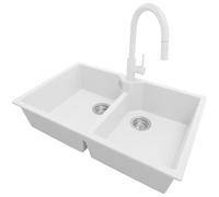 PRIMAGRAN Evier Cuisine en Granit Blanc 78x50cm, Lavabo 2 bacs + Robinet 40x20cm + Kit de Vidage, Évier à Encastrer al mueble 80cm - Madrid Twin