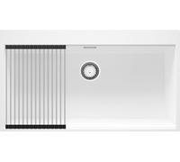 PRIMAGRAN Evier Cuisine en Granit Blanc 88x50cm, Lavabo 1 bac + Kit de Vidage + Égouttoir Enroulable, Évier à Encastrer al mueble 90cm - Oslo S668