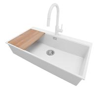 PRIMAGRAN Evier Cuisine en Granit Blanc 88x50cm, Lavabo 1 bac + Kit de Vidage + Planche à Découper, Évier à Encastrer al mueble 90cm - Oslo S438