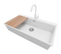 PRIMAGRAN Evier Cuisine en Granit Blanc 88x50cm, Lavabo 1 bac + Robinet 32x20cm + Planche à Découper, Évier à Encastrer al mueble 90cm - Oslo