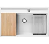 PRIMAGRAN Evier Cuisine en Granit Blanc 88x53cm, Lavabo 1 bac + Kit de Vidage, Évier à Encastrer au Meuble 90cm - Oslo S456