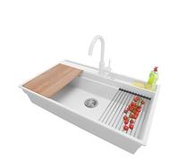 PRIMAGRAN Evier Cuisine en Granit Blanc 88x53cm, Lavabo 1 bac + Robinet 32x20cm + Kit de Vidage, Évier à Encastrer au Meuble 90cm - Oslo S462