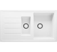 PRIMAGRAN Evier Cuisine en Granit Blanc 90x50cm, Lavabo 1,5 bacs + Kit de Vidage, Évier à Encastrer au Meuble 60cm - Copenhague Duo S002