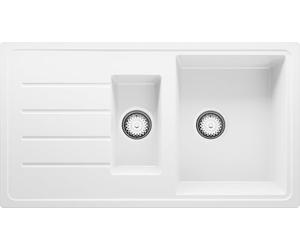 PRIMAGRAN Evier Cuisine en Granit Blanc 90x50cm, Lavabo 1,5 bacs + Kit de Vidage, Évier à Encastrer au Meuble 60cm - Copenhague Duo S002
