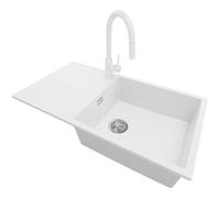 PRIMAGRAN Evier Cuisine en Granit Blanc 90x50cm, Lavabo 1 bac + Robinet 40x20cm + Kit de Vidage, Évier à Encastrer al mueble 60cm - Ibiza