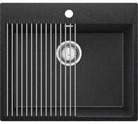 PRIMAGRAN Evier Cuisine en Granit Graphite 58x50cm, Lavabo 1 bac + Kit de Vidage + Égouttoir Enroulable, Évier à Encastrer al mueble 60cm - Riga S375
