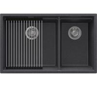 PRIMAGRAN Evier Cuisine en Granit Graphite 76x47cm, Lavabo 2 bacs + Kit de Vidage + Égouttoir Enroulable, Évier à Encastrer al mueble 80cm - Prague Slim Duo