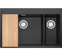 PRIMAGRAN Evier Cuisine en Granit Graphite 78x50cm, Lavabo 2 bacs + Kit de Vidage + Planche à Découper, Évier à Encastrer au meuble 80cm - Oslo Duo