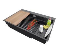 PRIMAGRAN Evier Cuisine en Granit Graphite 78x53cm, Lavabo 1 bac + Accessoires, Évier à Encastrer al mueble 80cm - Oslo Max