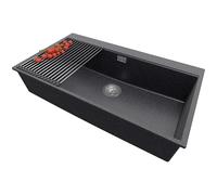 PRIMAGRAN Evier Cuisine en Granit Graphite 88x50cm, Lavabo 1 bac + Égouttoir Enroulable, Évier à Encastrer al mueble 90cm - Oslo
