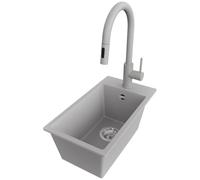 PRIMAGRAN Evier Cuisine en Granit Gris 28x50cm, Lavabo 1 bac + Robinet 32x20cm + Kit de Vidage, Évier à Encastrer al mueble 30cm - Riga