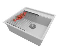 PRIMAGRAN Evier Cuisine en Granit Gris 56x53cm, Lavabo 1 bac + Kit de Vidage + Égouttoir Enroulable, Évier à Encastrer al mueble 60cm - Bergen S023