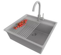 PRIMAGRAN Evier Cuisine en Granit Gris 56x53cm, Lavabo 1 bac + Robinet 32x20cm + Set d’accessoires, Évier à Encastrer al mueble 60cm - Bergen S172