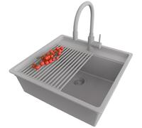 PRIMAGRAN Evier Cuisine en Granit Gris 56x53cm, Lavabo 1 bac + Robinet 38x14cm + Set d’accessoires, Évier à Encastrer al mueble 60cm - Bergen S174