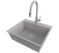 PRIMAGRAN Evier Cuisine en Granit Gris 58x50cm, Lavabo 1 bac + Robinet 40x20cm + Kit de Vidage, Évier à Encastrer au Meuble 60cm - Riga S327